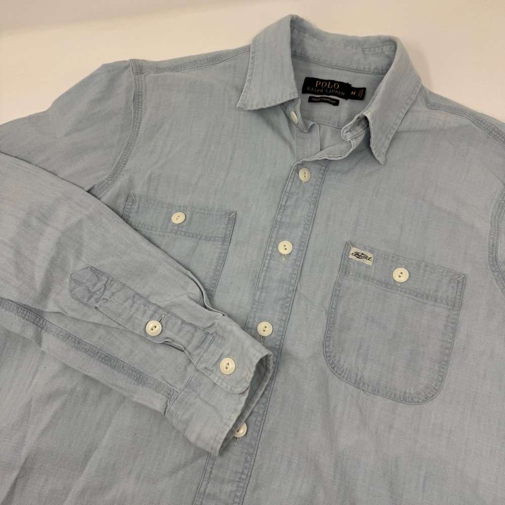 Vtg Polo Ralph Lauren Indigo Chambray Western Shirt Mens Denim Workwear Logo M